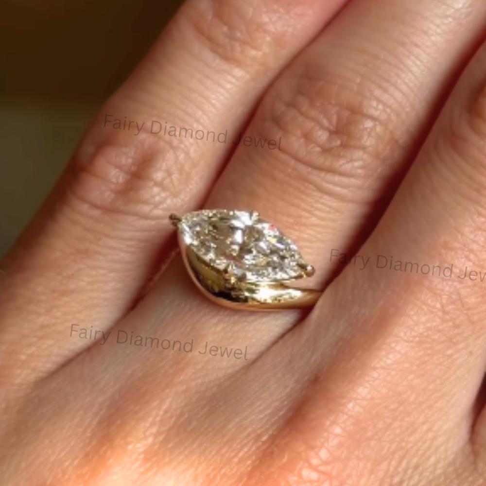East West Marquise Moissanite Ring, Wavy 14k Gold Band, Unique Solitaire Engagement