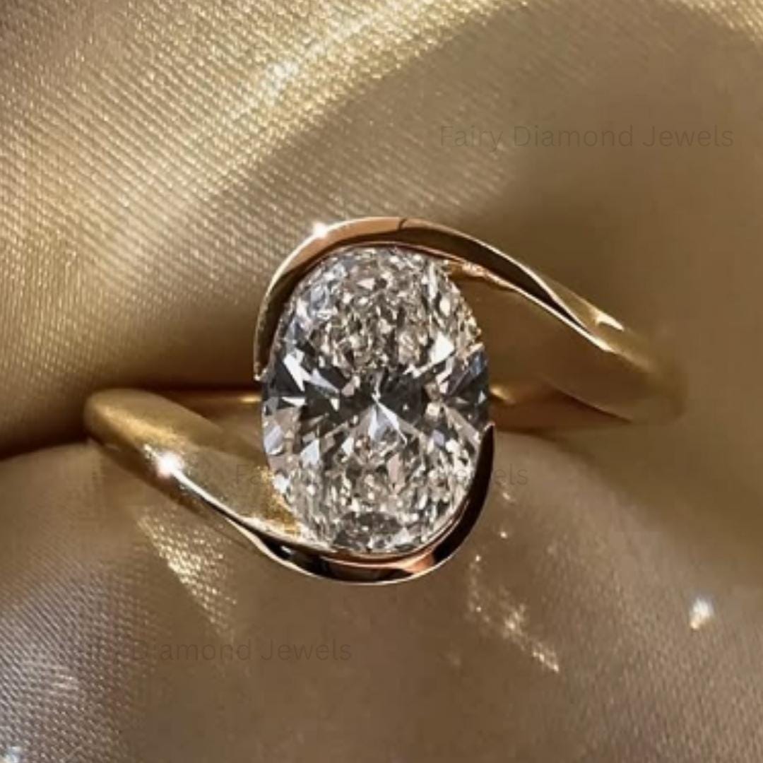 3 Ct Oval Moissanite Engagement Ring: 14K Yellow Gold Bypass Bridal Ring