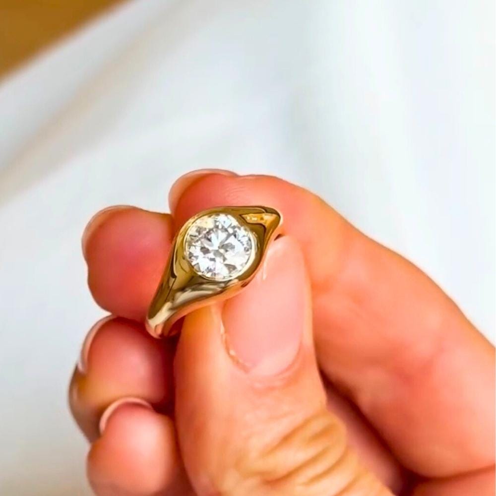 14K Gold Domed Moissanite Signet Ring, Chunky Stacking Band