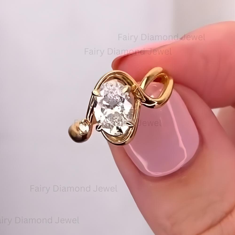 Oval Moissanite East West Wavy Ring: 14k Yellow Gold Chevron Wedding Engagement Band