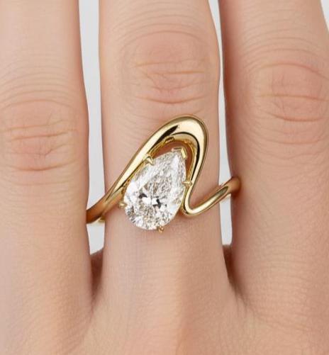 Pear Cut Moissanite Wavy Wedding Ring, Unique Boho 14k Solid Yellow Gold Teardrop Engagement Promise Band