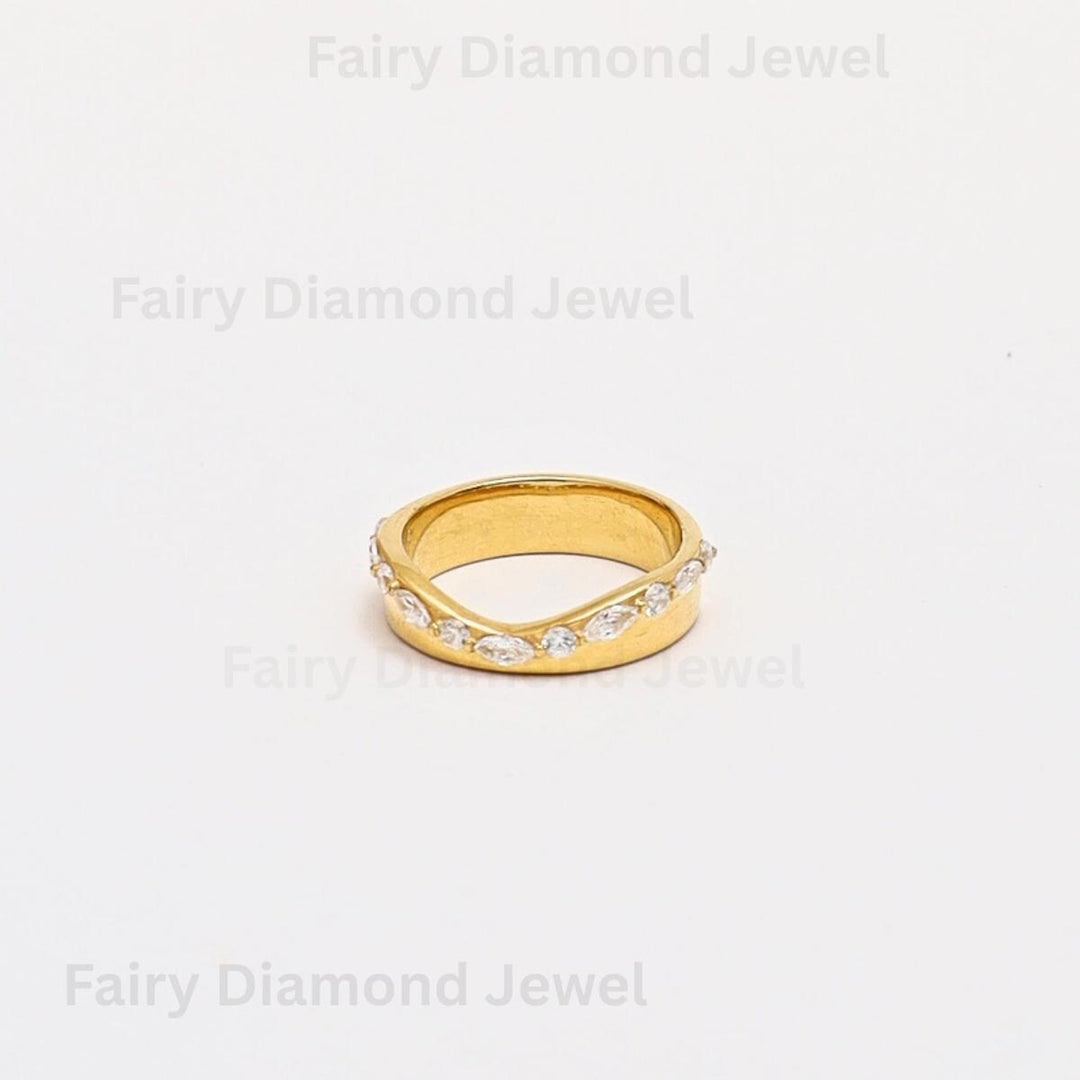 Moissanite Marquise 14k Gold Wedding Band, Deep Curved Stacking Chevron Ring