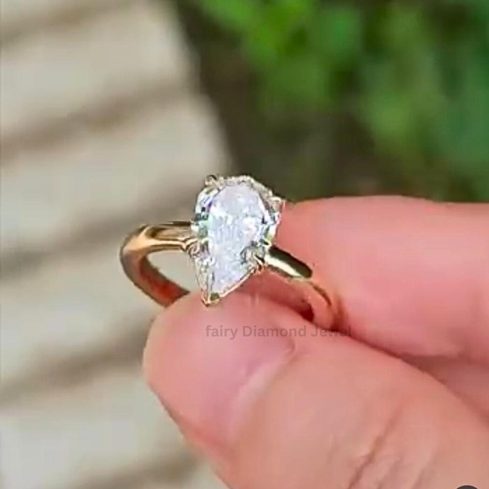 14K Gold Pear Moissanite Ring: Floral Basket Hidden Halo Engagement