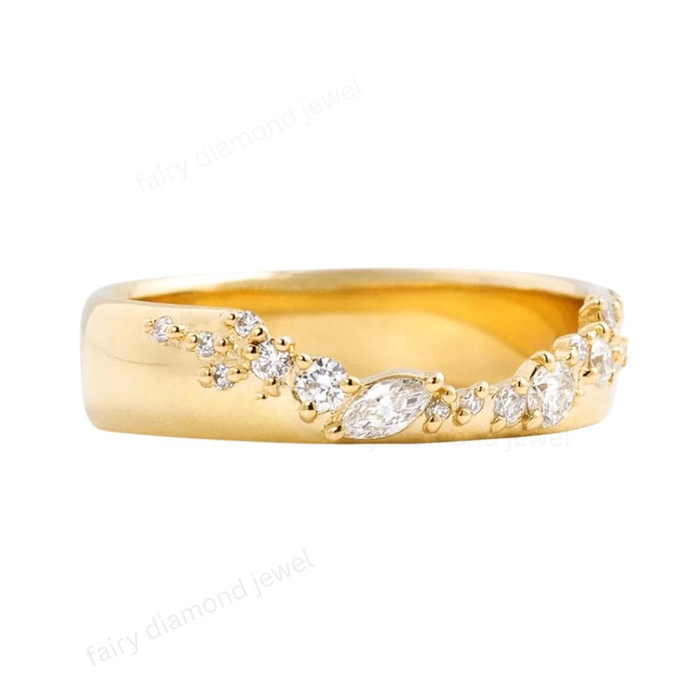 14k Gold Lab Grown Diamond Gold Wedding Band, Curved Marquise & Round Cut Engagement Ring