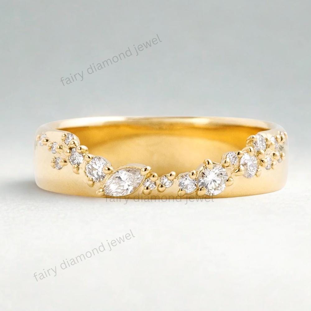 14k Gold Lab Grown Diamond Gold Wedding Band, Curved Marquise & Round Cut Engagement Ring