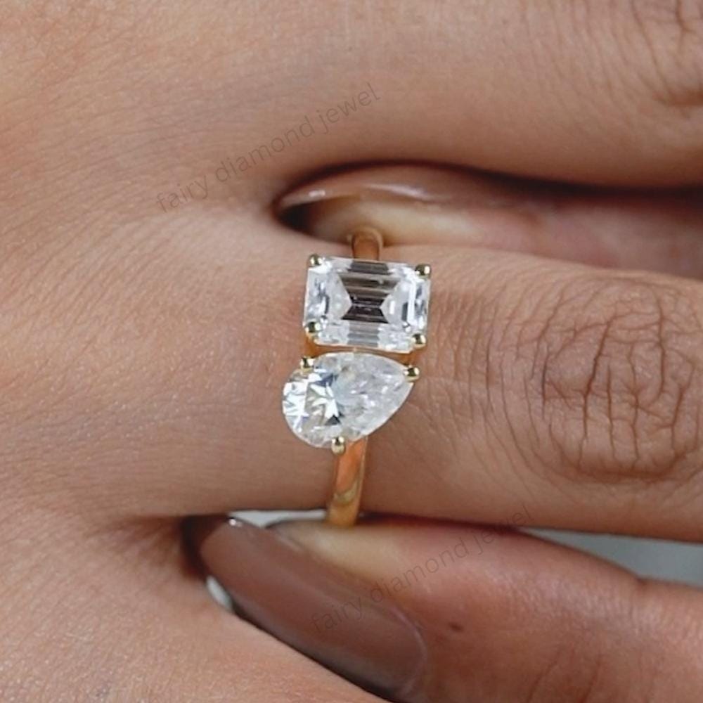 Moissanite Toi et Moi Ring: Pear & Emerald Cut, 14K Yellow Gold