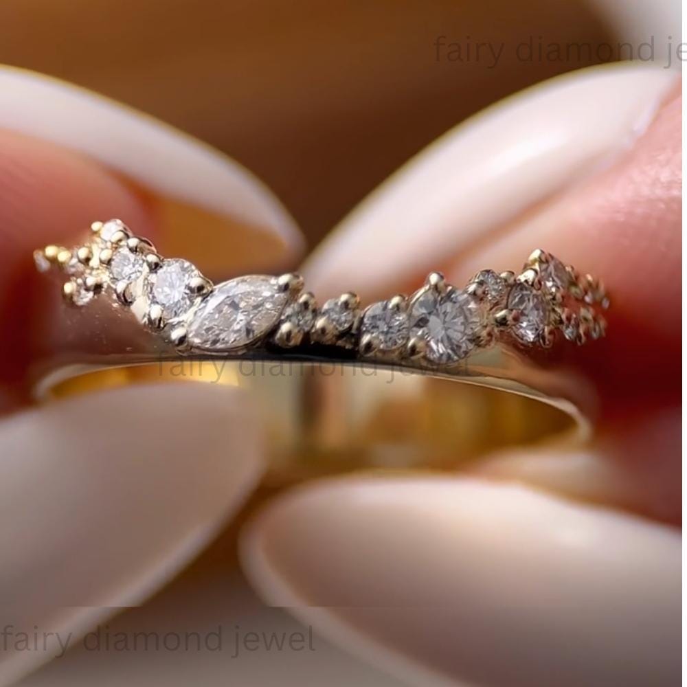 14k Gold Lab Grown Diamond Gold Wedding Band, Curved Marquise & Round Cut Engagement Ring
