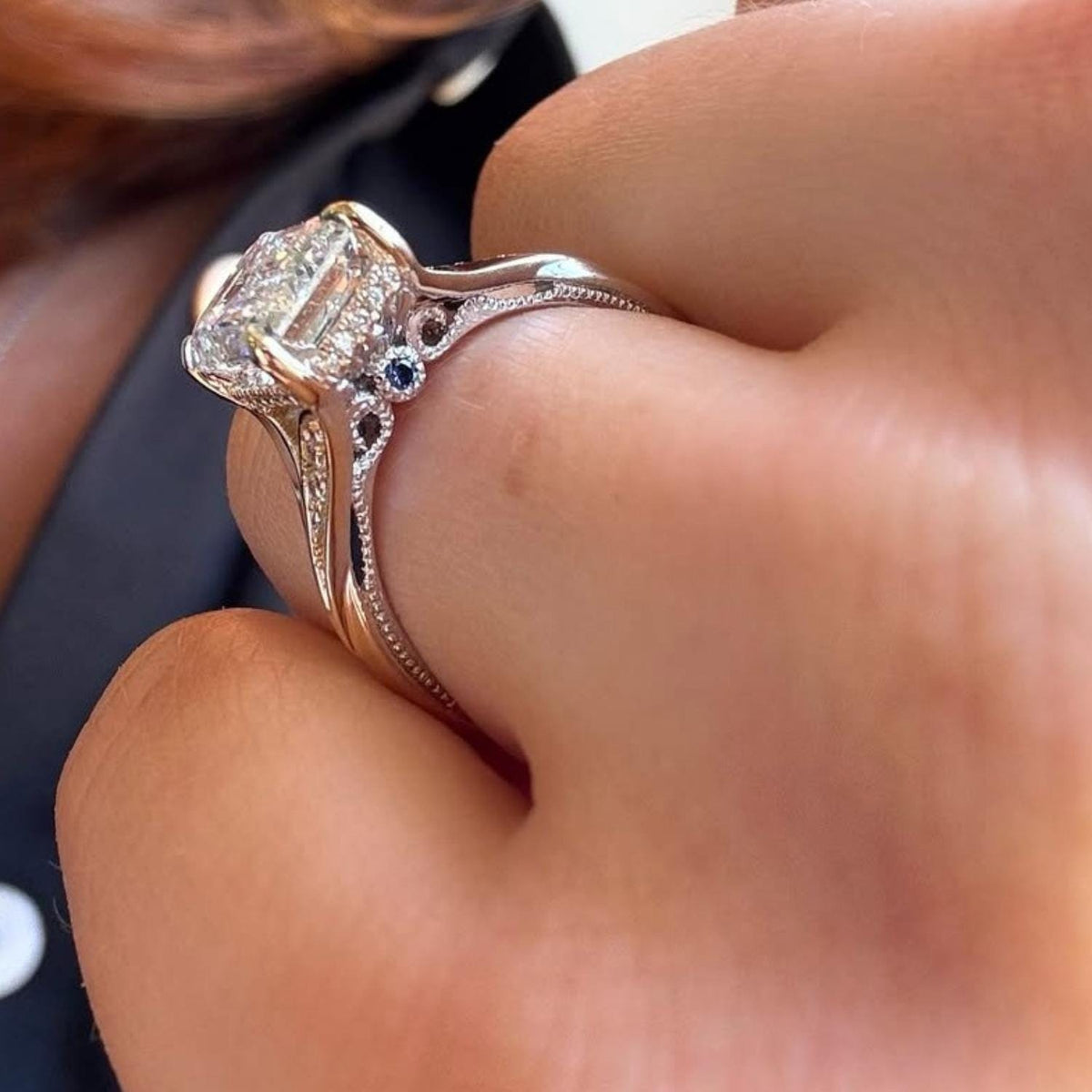 Emerald cut moissanite wedding solitaire ring: diamond halo, 14k split shank gold engagement ring