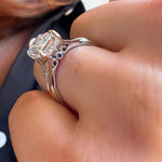 Load image into Gallery viewer, Emerald Cut Moissanite Wedding Solitaire Ring: Diamond Halo, 14K Split Shank Gold Engagement Ring
