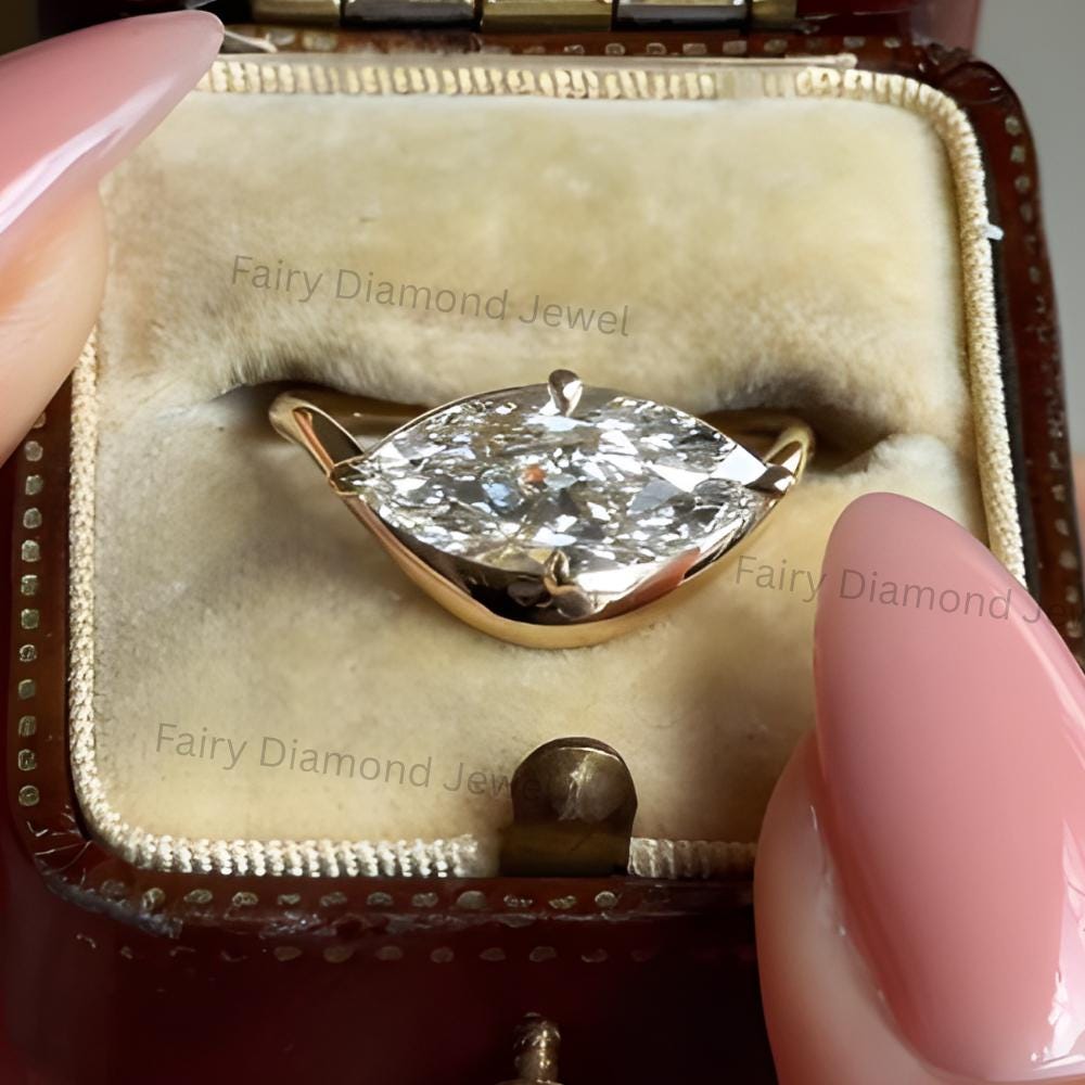 East West Marquise Moissanite Ring, Wavy 14k Gold Band, Unique Solitaire Engagement