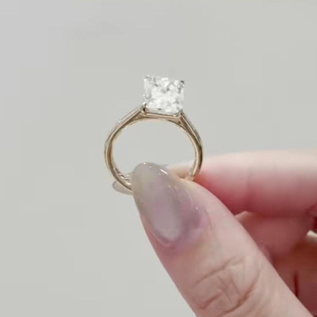 Radiant Cut Moissanite Engagement Ring: 14K Gold Hidden Halo, Silver Prongs