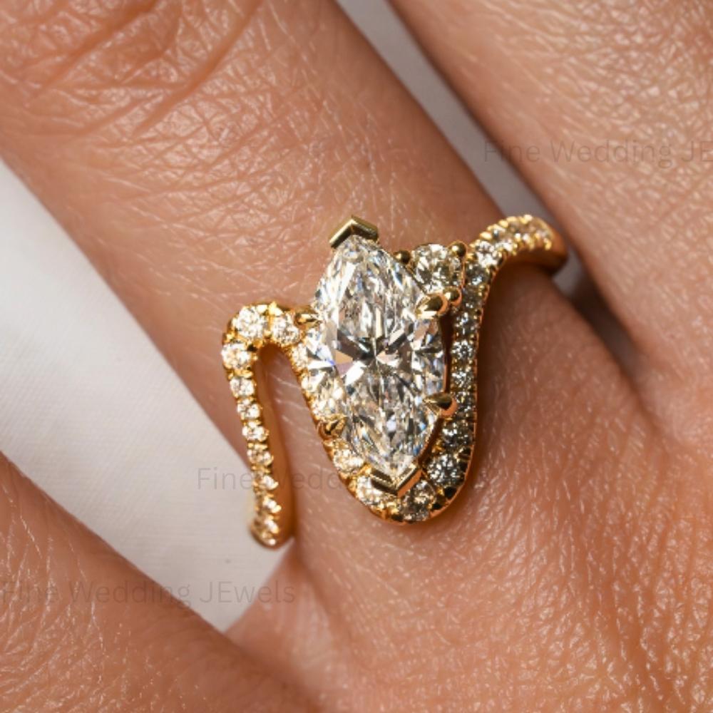 14k Gold East West Marquise Diamond Engagement Ring Set, Pave Wedding Band