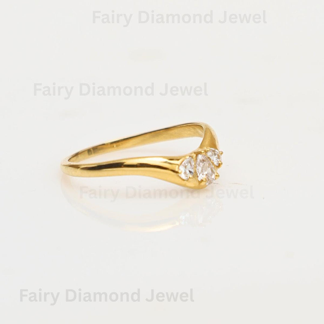 Pear Cut Moissanite Chevron Wedding Band, 14K Yellow Gold Trilogy Stacking Engagement Curved Ring