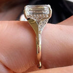 Load image into Gallery viewer, Emerald Cut Moissanite Wedding Solitaire Ring: Diamond Halo, 14K Split Shank Gold Engagement Ring

