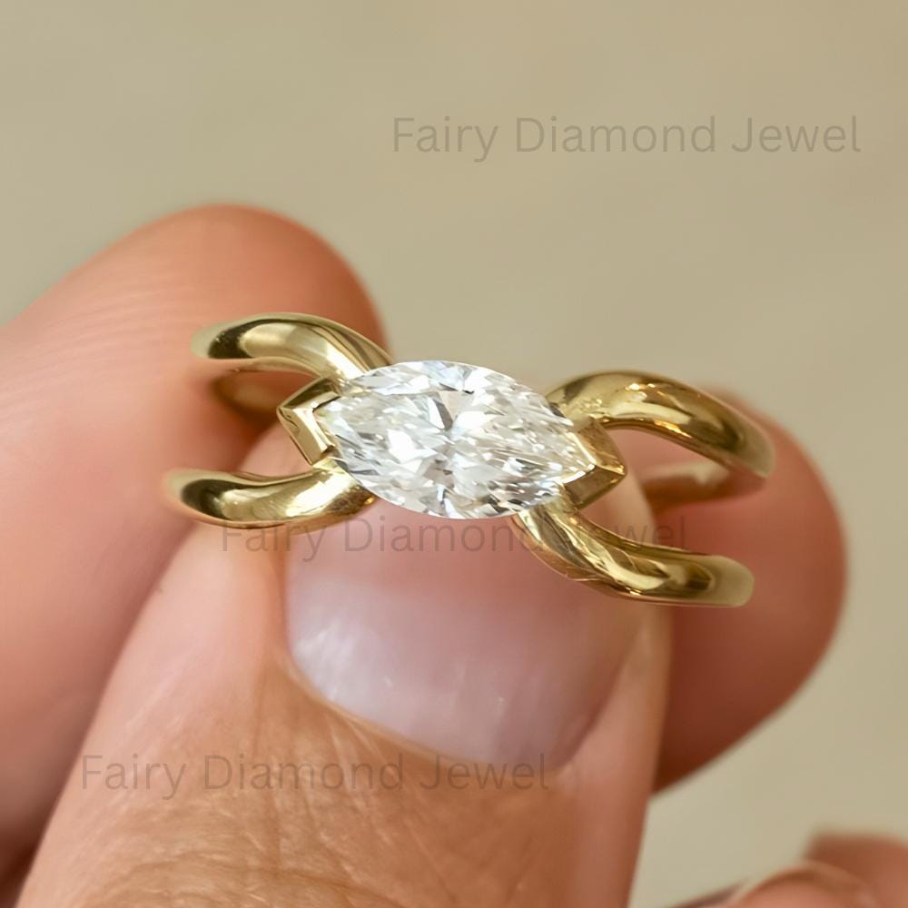 East West Marquise Moissanite Bypass Ring: 14K Yellow Gold Double Band Engagement Promise