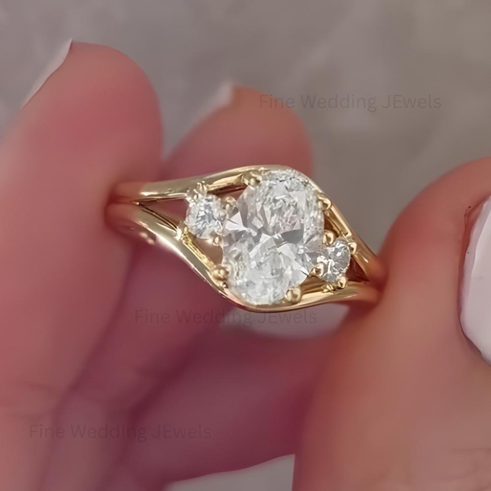1.5Ct Oval Moissanite Trilogy Split Shank Ring: Unique 14k Gold Art Deco Wedding Engagement Promise Ring for Women