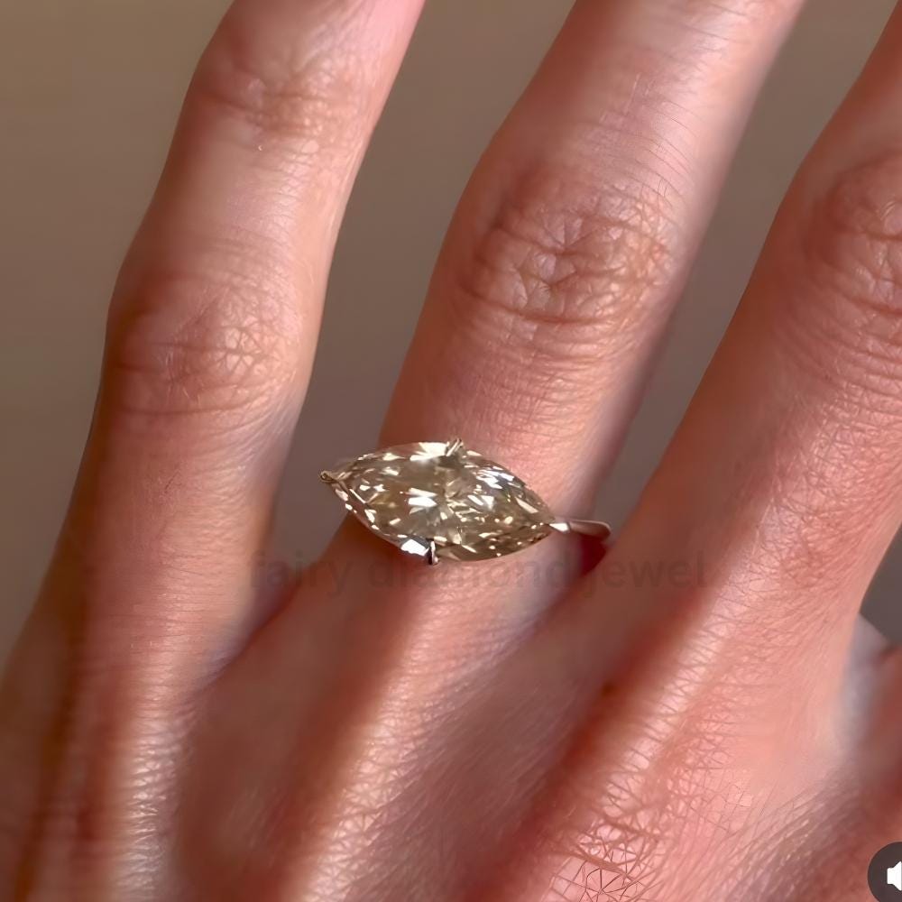 Champagne Marquise Moissanite Ring: 14k Gold East West Engagement Band