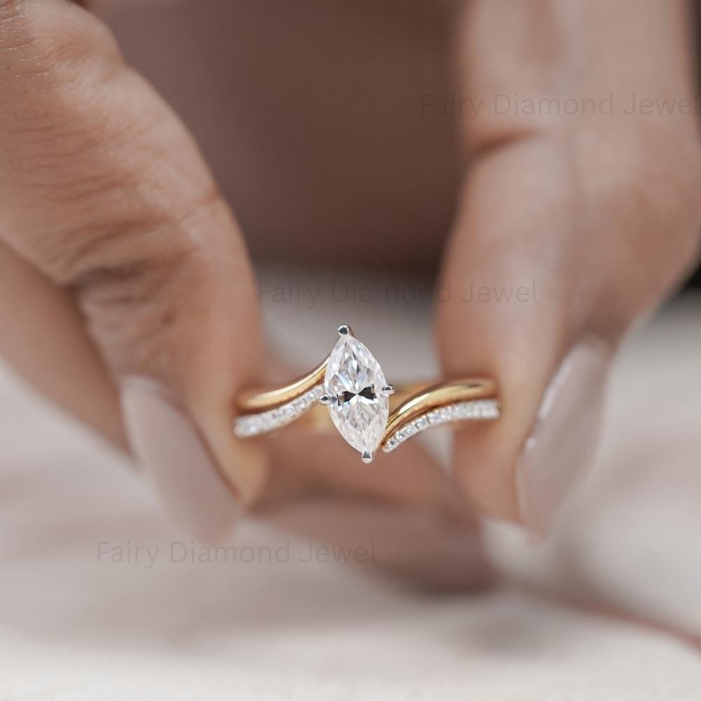 East West Marquise Moissanite Diamond Ring Set, 14K Yellow Gold Bypass Wedding Anniversary Ring