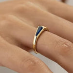 Load image into Gallery viewer, East West Free Form Sapphire Signet Ring, Bezel Set 14K Solid Gold Natural Gemstone Wedding Solitaire Band, Unique Bridal Engagement Ring
