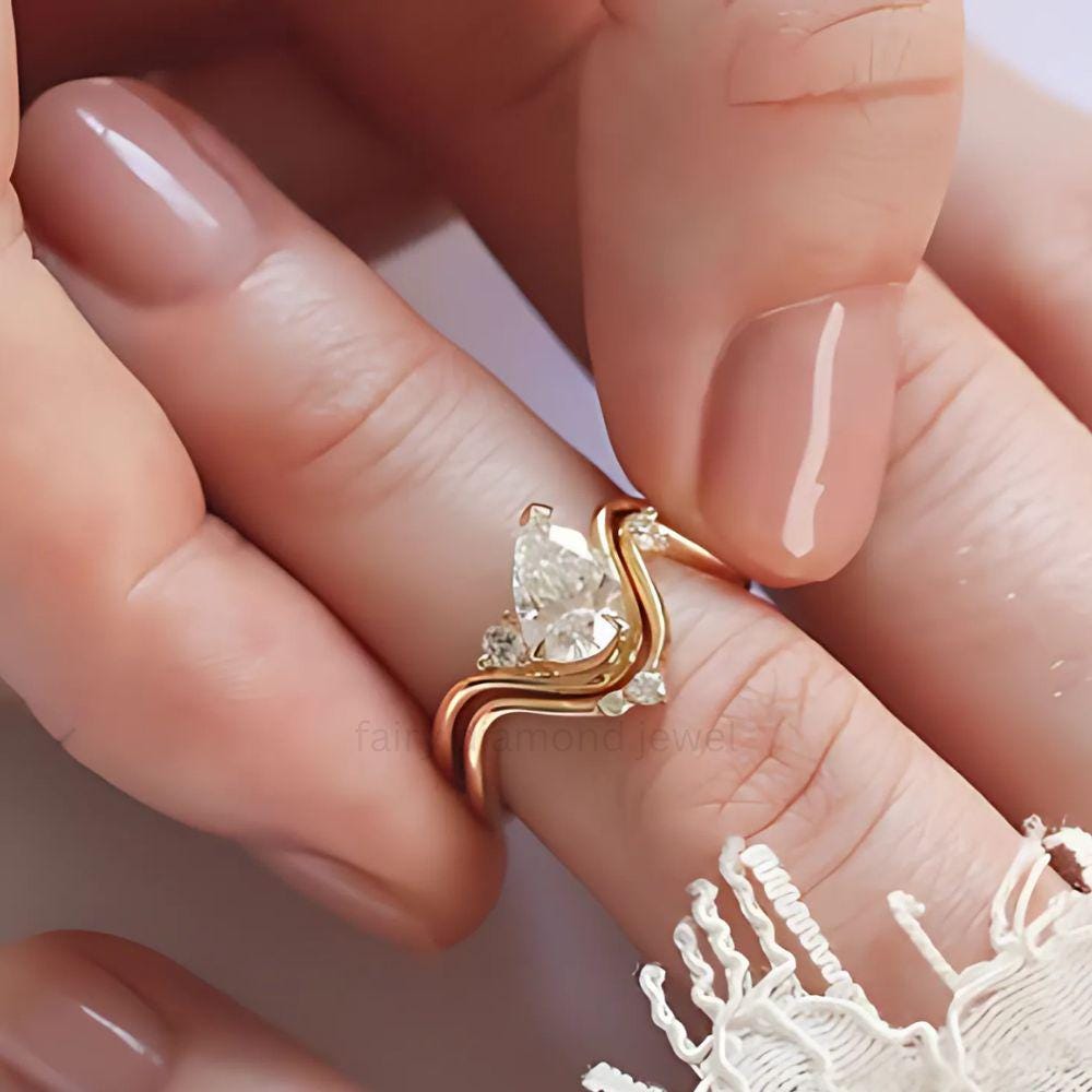 Pear Moissanite Diamond Ring Set: 14k Gold East West Wedding Band