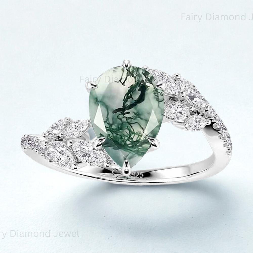 Pear Moss Agate Engagement Ring: Leaf 14K White Gold Bridal Band