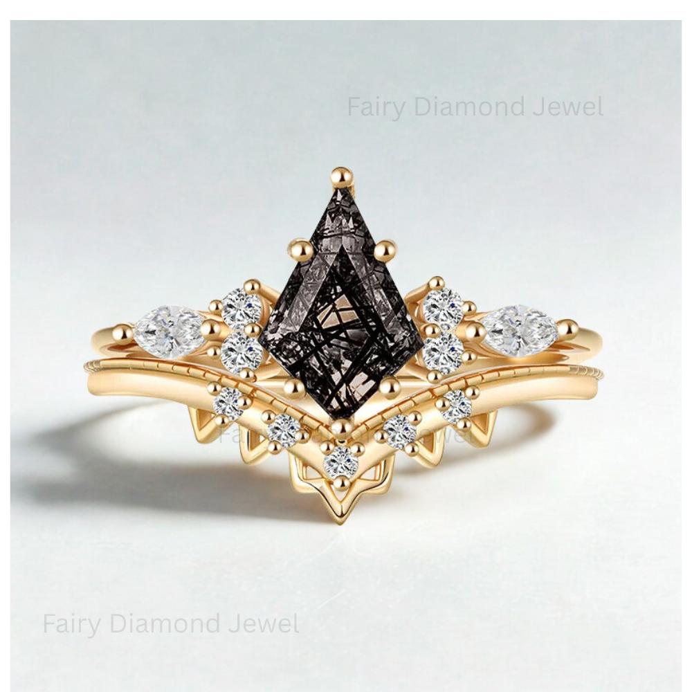 Kite Cut Black Rutilated Quartz Fairy Ring Set: Art Deco 14K Gold, Moissanite