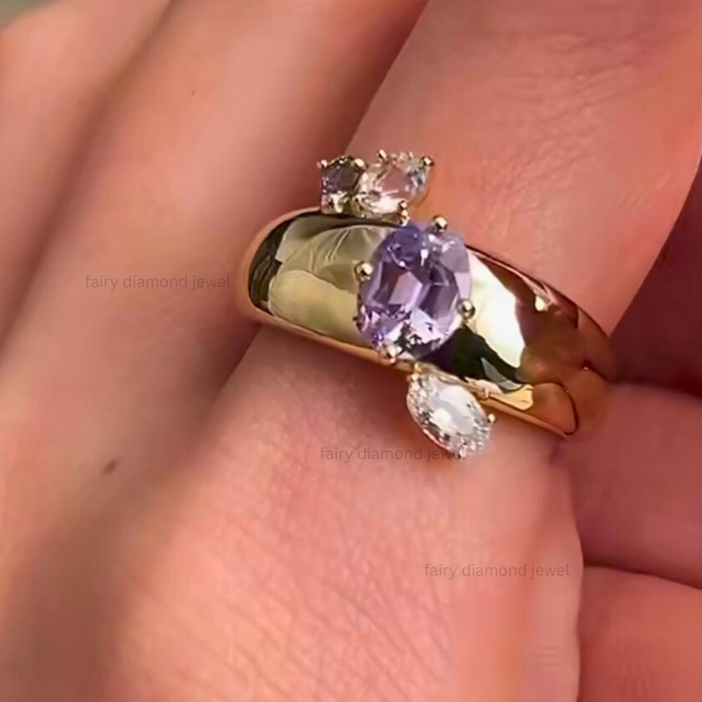 Lavender Sapphire Gold Cigar Band Ring, Rainbow Moonstone, 14k Solid Gold