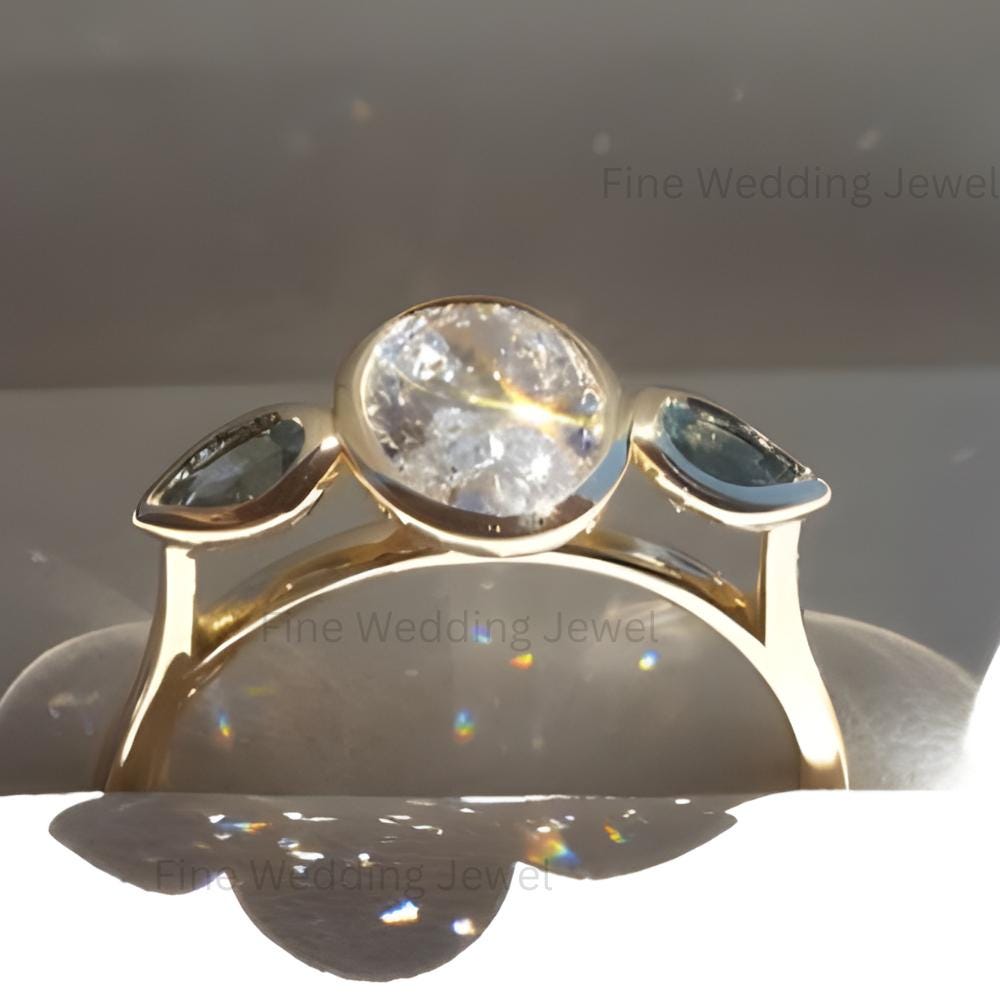 Oval Pear Moissanite Trilogy Ring: Modern 14K Gold 3 Stone Engagement Bridal