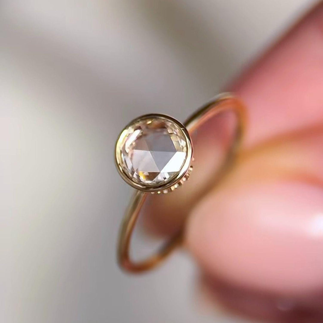 Rose Cut Moissanite Engagement Ring: 14K Gold Halo Bezel