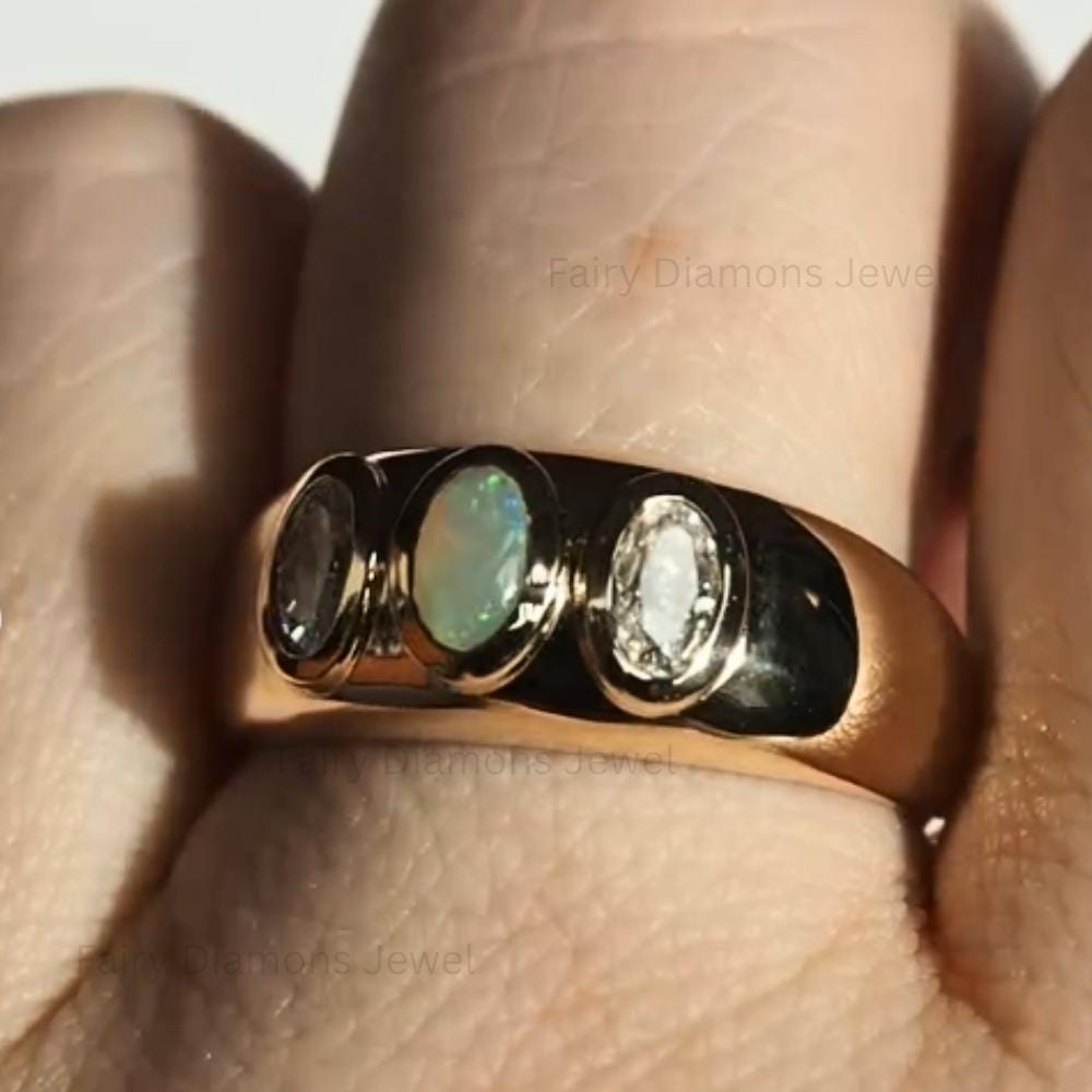 14K Gold Opal Moissanite Ring: Chunky Bezel Set Wedding Band