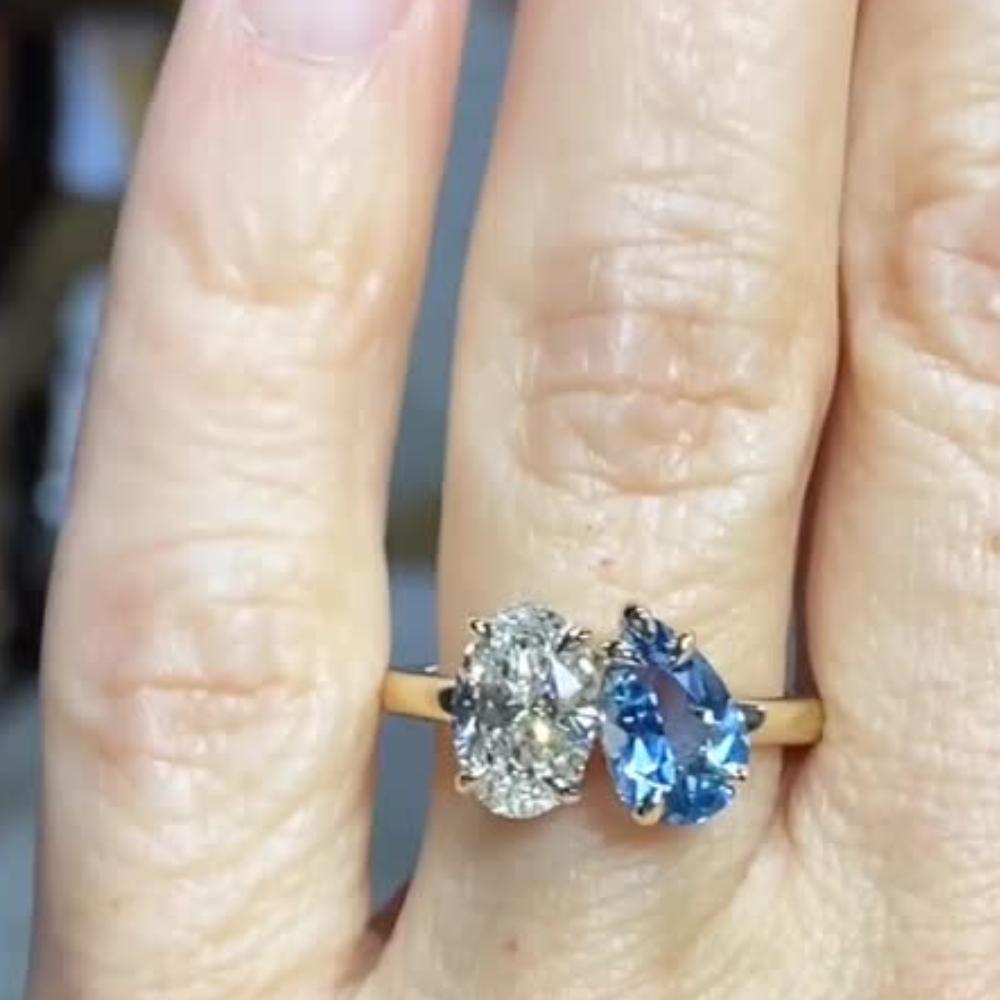 14K Gold Toi et Moi Ring: Pear Aquamarine & Oval Moissanite Engagement