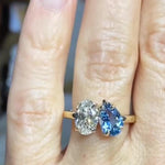 Load image into Gallery viewer, 14K Gold Toi et Moi Ring: Pear Aquamarine &amp; Oval Moissanite Engagement
