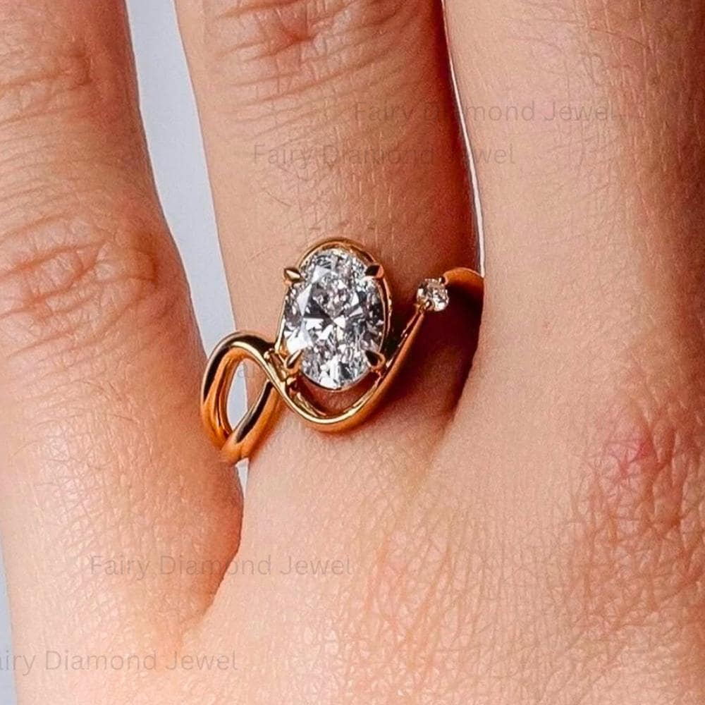 Oval Moissanite East West Wavy Ring: 14k Yellow Gold Chevron Wedding Engagement Band