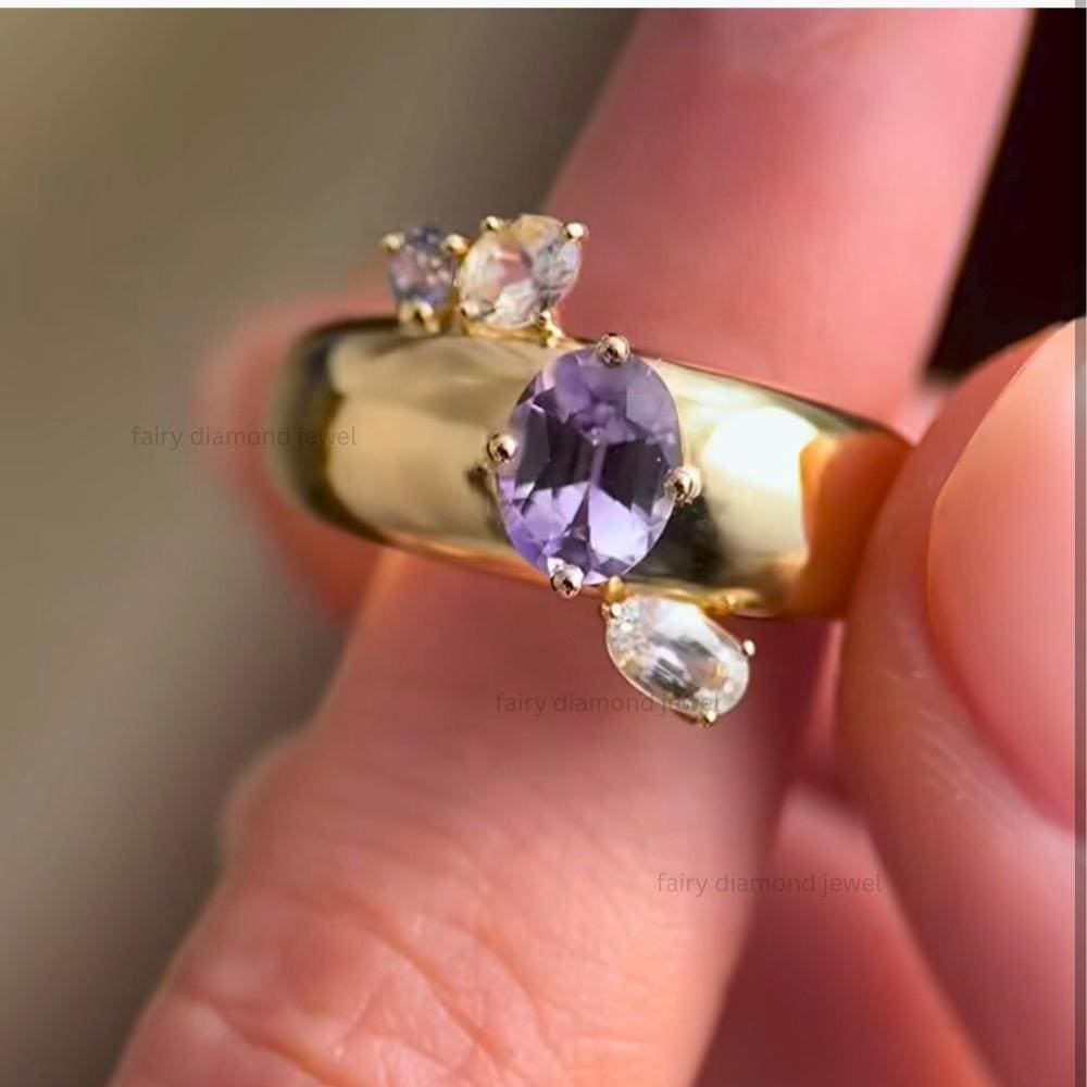 Lavender Sapphire Gold Cigar Band Ring, Rainbow Moonstone, 14k Solid Gold
