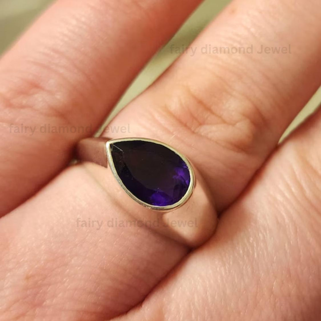 Pear Amethyst Signet Ring, Art Deco Sterling Silver, 14K White Gold Band