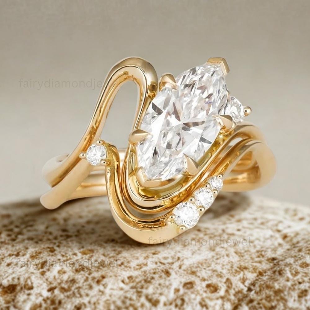 3Ct East West Marquise Moissanite Ring Set, 14k Gold Bridal Anniversary Wedding Engagement Ring Set