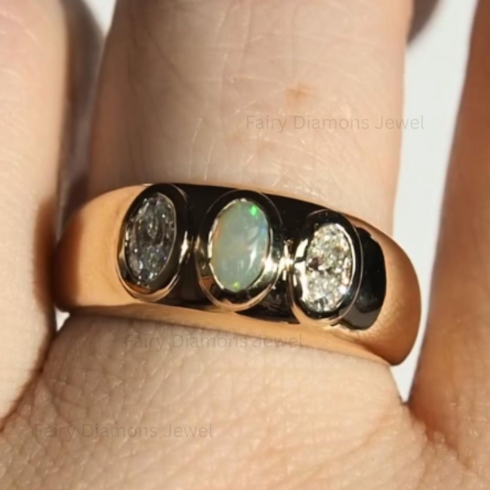 14K Gold Opal Moissanite Ring: Chunky Bezel Set Wedding Band