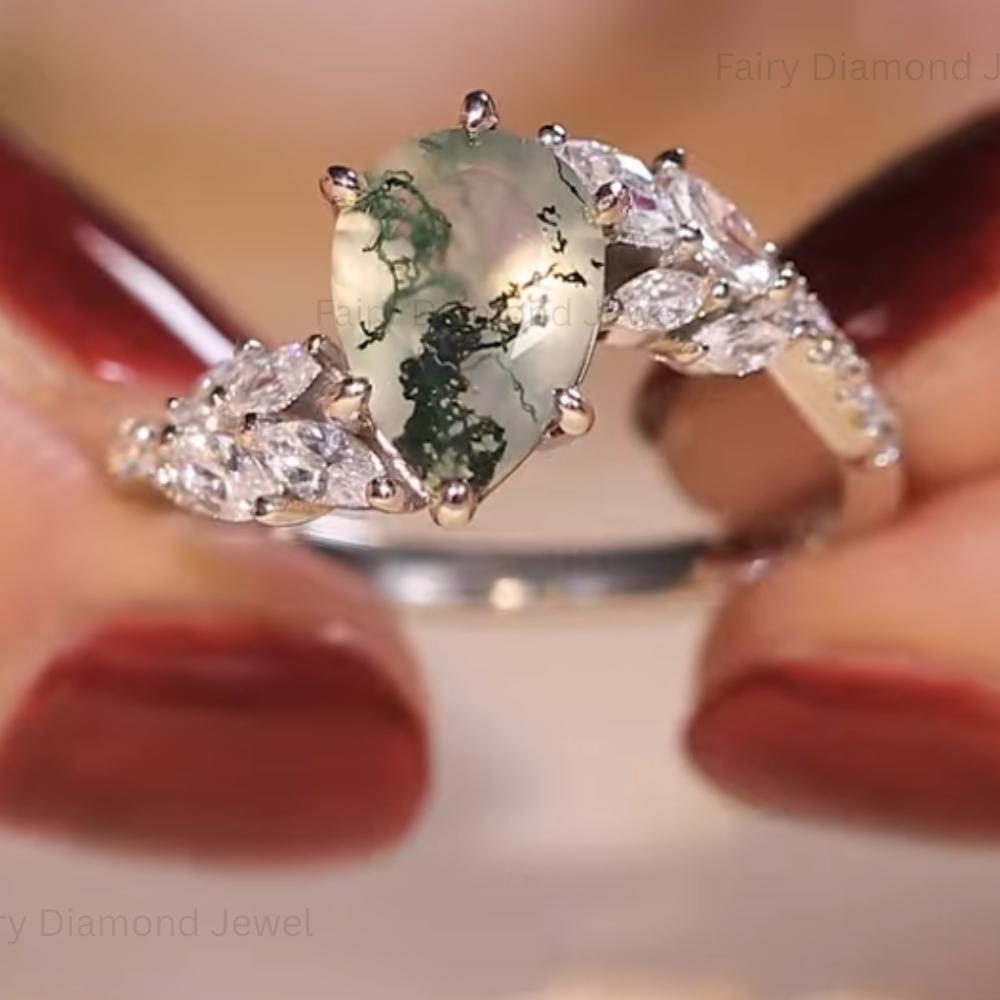 Pear Moss Agate Engagement Ring: Leaf 14K White Gold Bridal Band