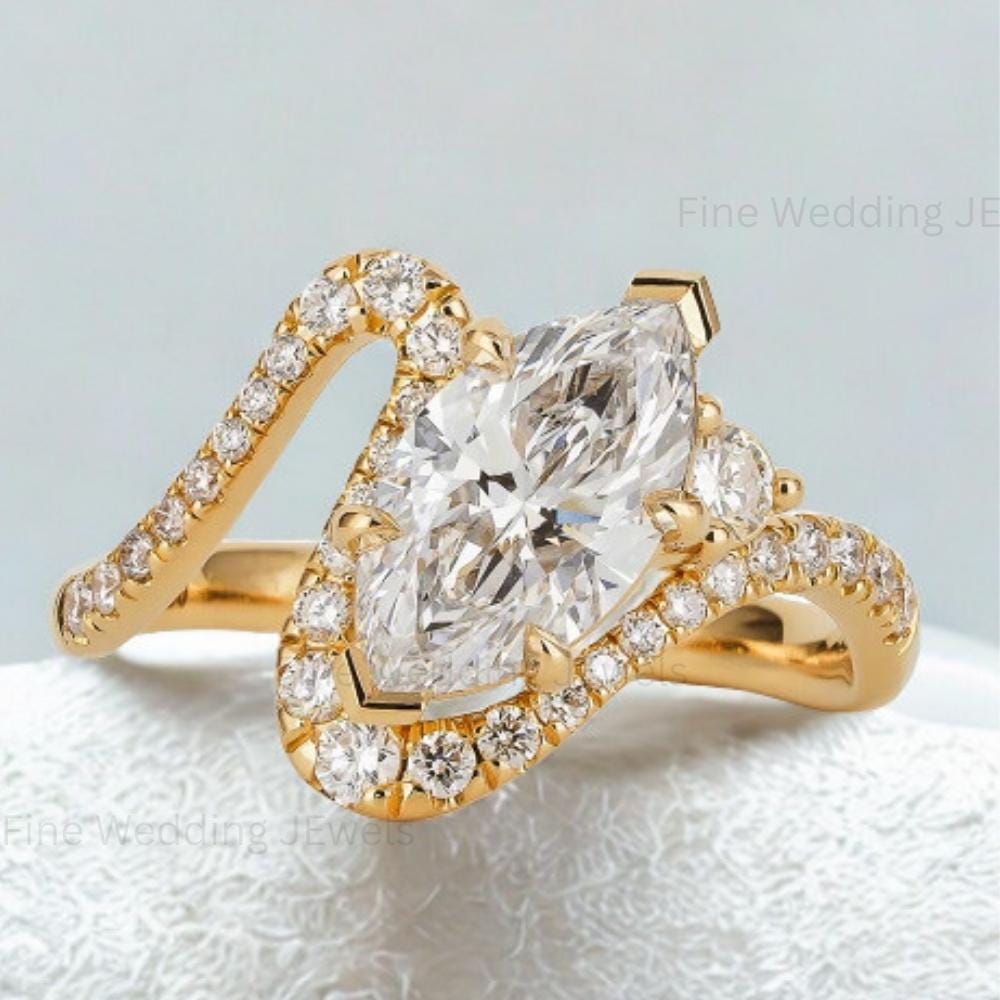 14k Gold East West Marquise Diamond Engagement Ring Set, Pave Wedding Band