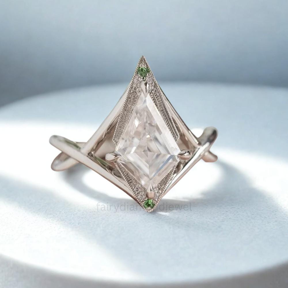 Kite Cut Moissanite Engagement Ring: Art Deco 14K Gold Split Shank