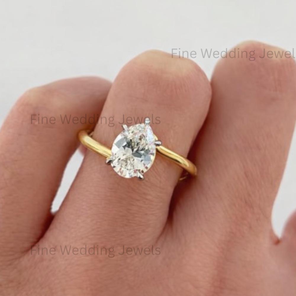 Pear Moissanite Bypass Wedding Solitaire Ring: 14k Gold Teardrop Two Tone Engagement Swoop Band