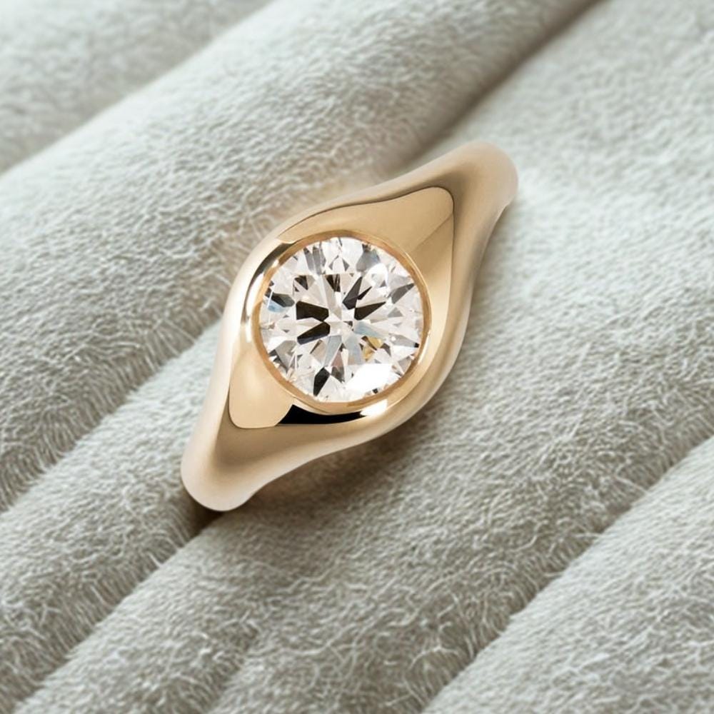 14k gold domed moissanite signet ring, chunky stacking band