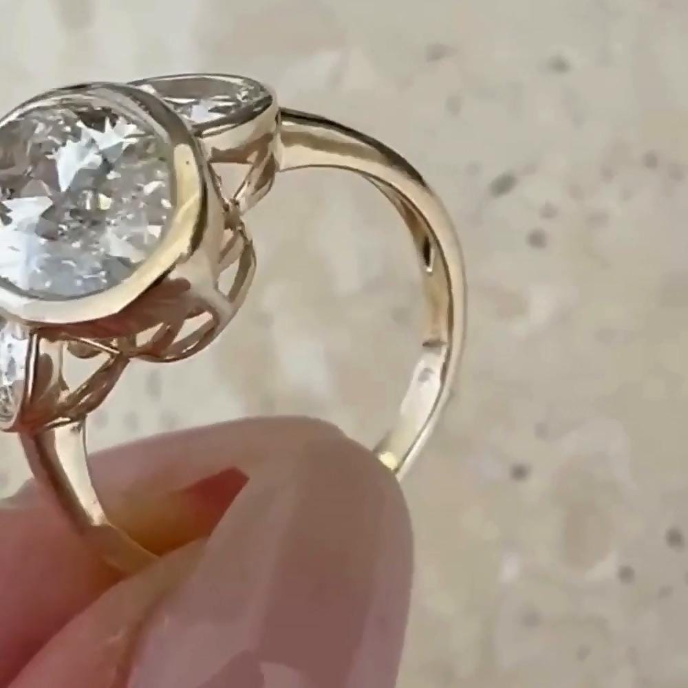 Antique Oval Moissanite Three Stone Ring: 14K Yellow Gold Bezel Wedding Band
