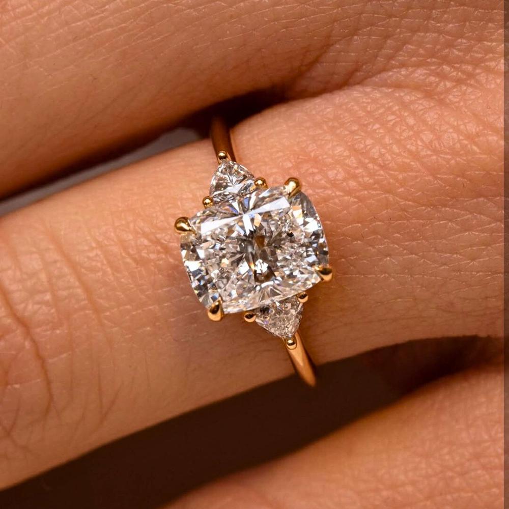 Cushion Moissanite Three Stone Ring: 14K Yellow Gold Engagement