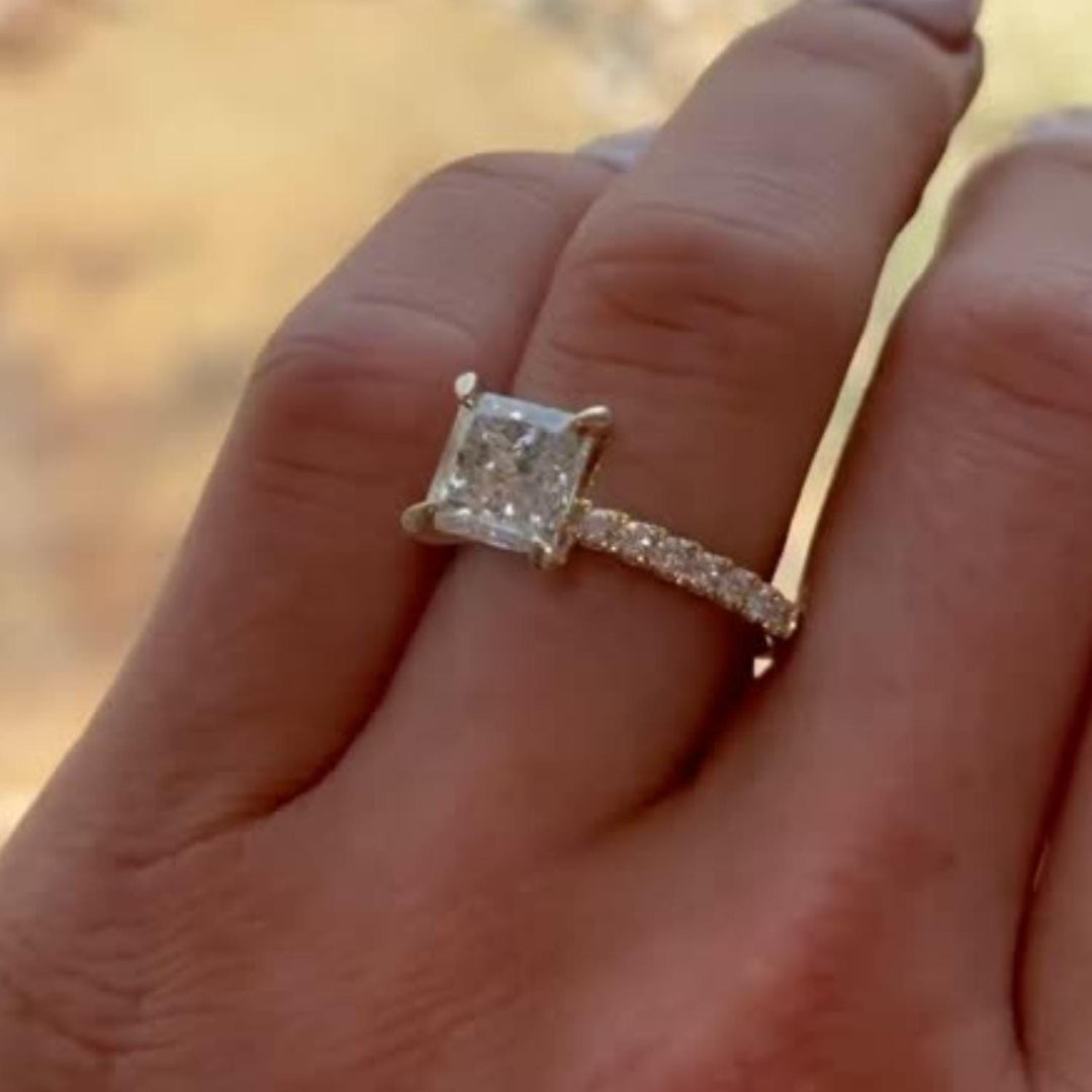 Princess Cut Moissanite Engagement Ring: 10K Rose Gold Solitaire with Diamond Prongs
