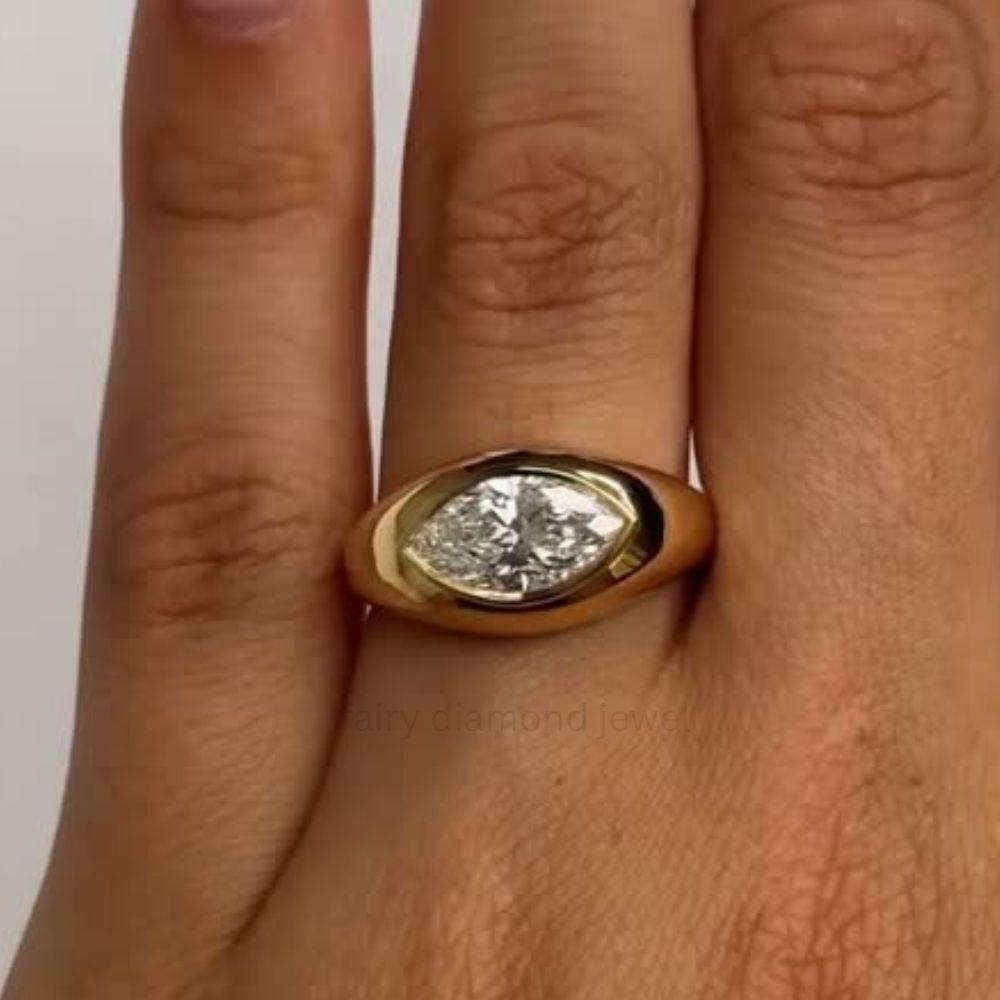 Marquise Moissanite Signet Ring: 14k Gold Domed Wedding Band