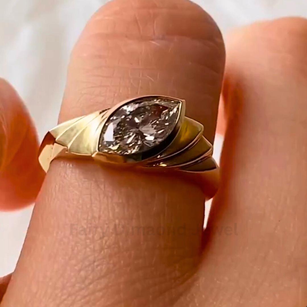 Marquise Moissanite Signet Ring: 14K Yellow Gold Bezel Band
