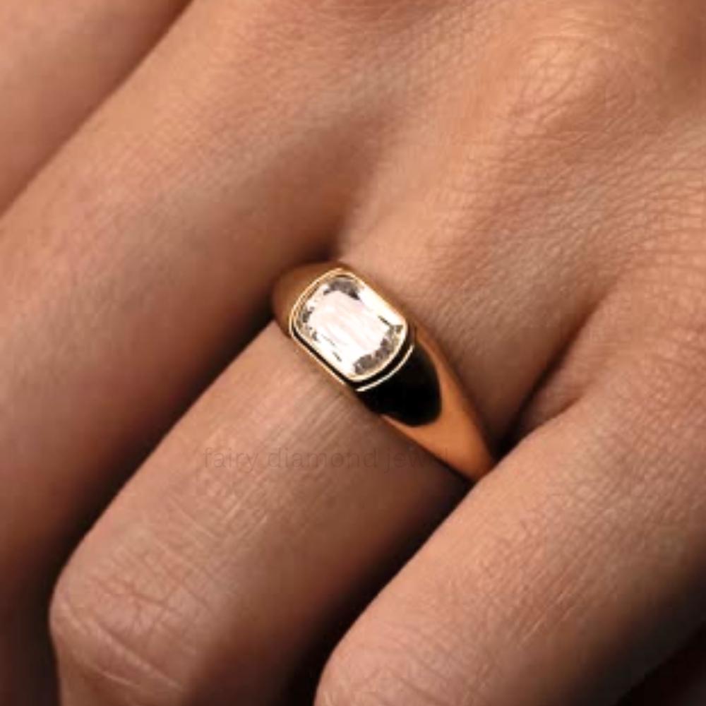 18K Gold Moissanite Signet Ring: Chunky Bezel Set Wedding Band