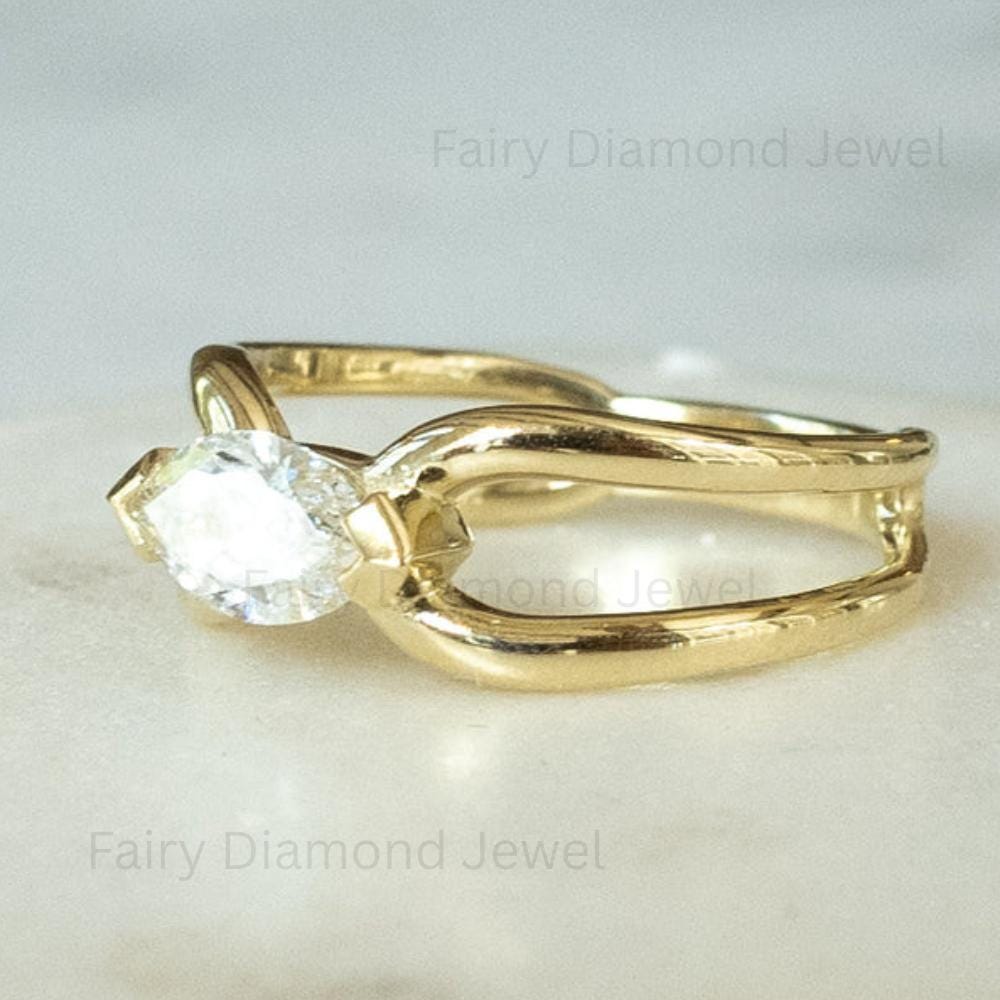 East West Marquise Moissanite Bypass Ring: 14K Yellow Gold Double Band Engagement Promise