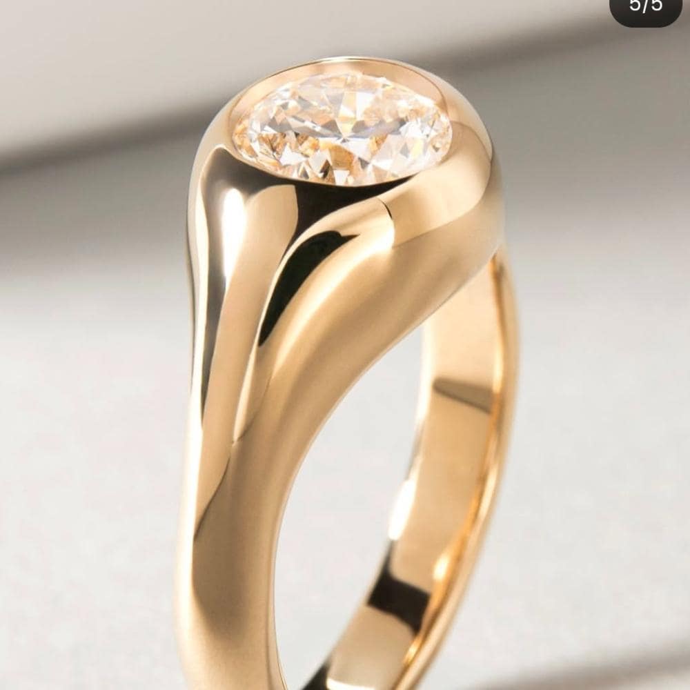 14K Gold Domed Moissanite Signet Ring, Chunky Stacking Band